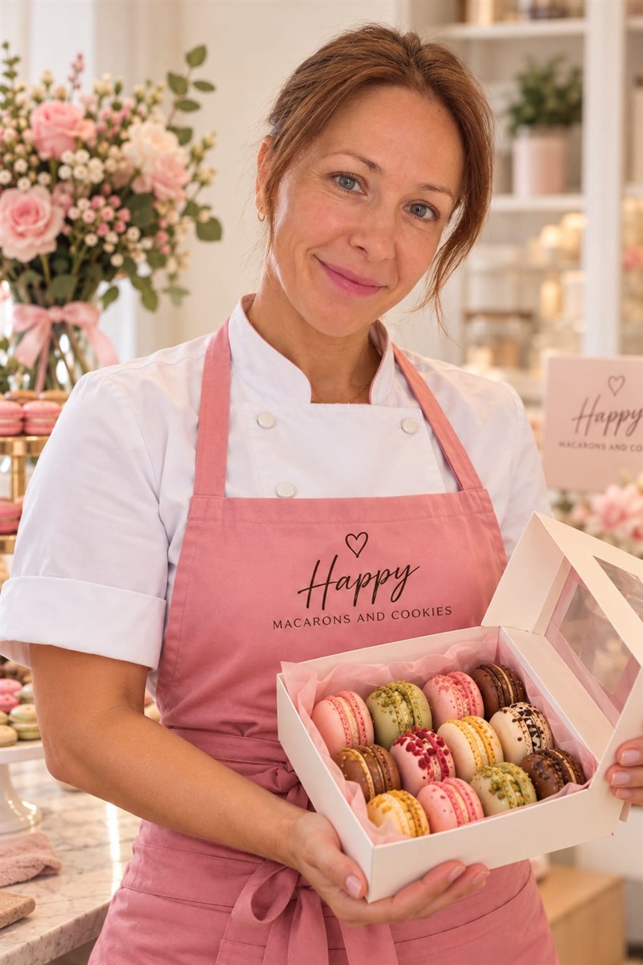 Konditorin Emiliya Dudeva mit einer Box handgemachter Macarons